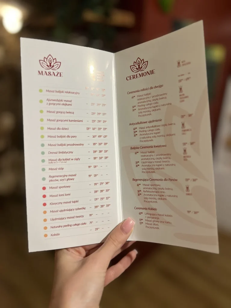 Otwarty drukowany cennik masaży i ceremonii Orient Massage.